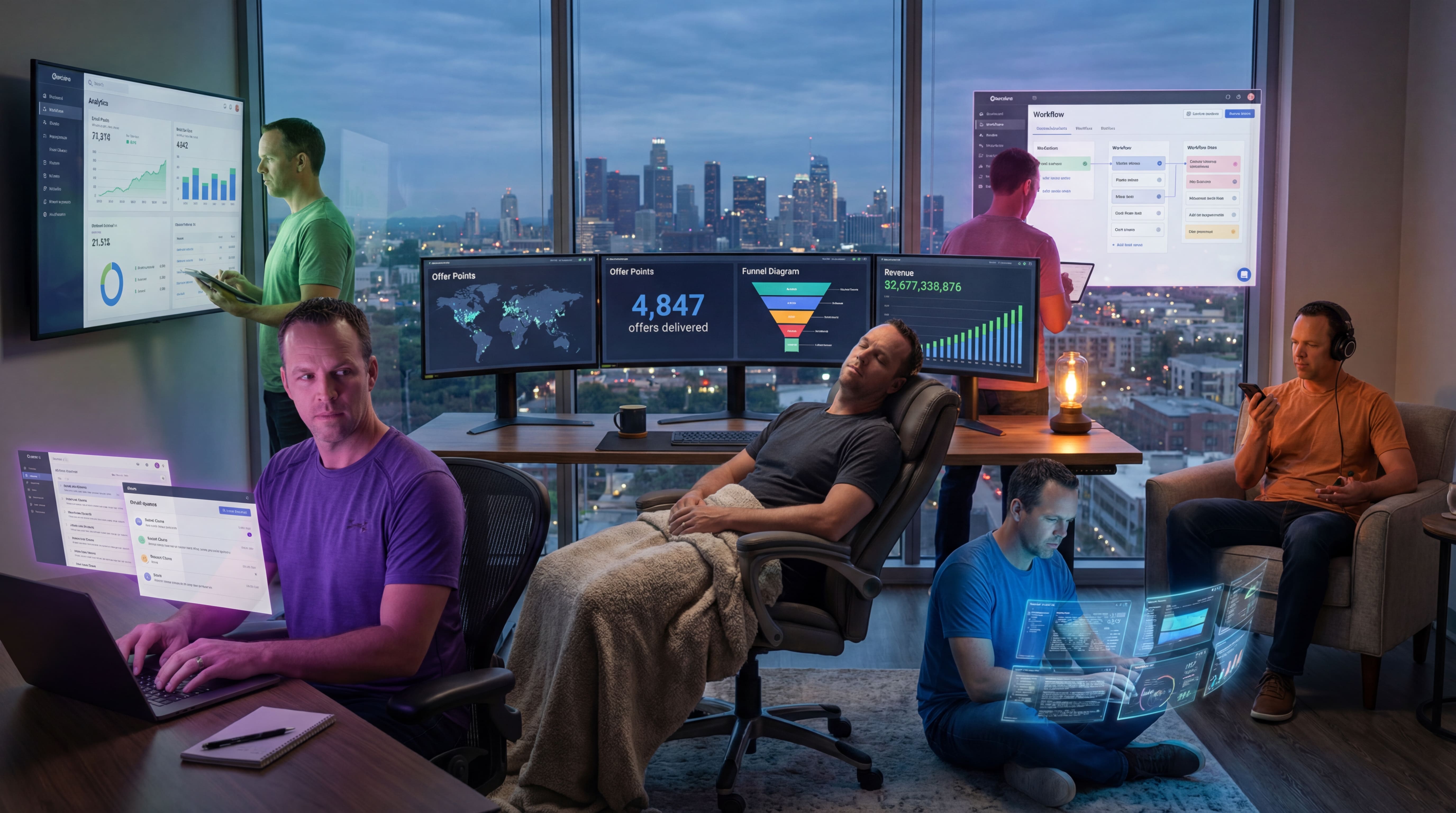 Executive sleeping while 5 AI agents work through the night — 4,847 offers delivered