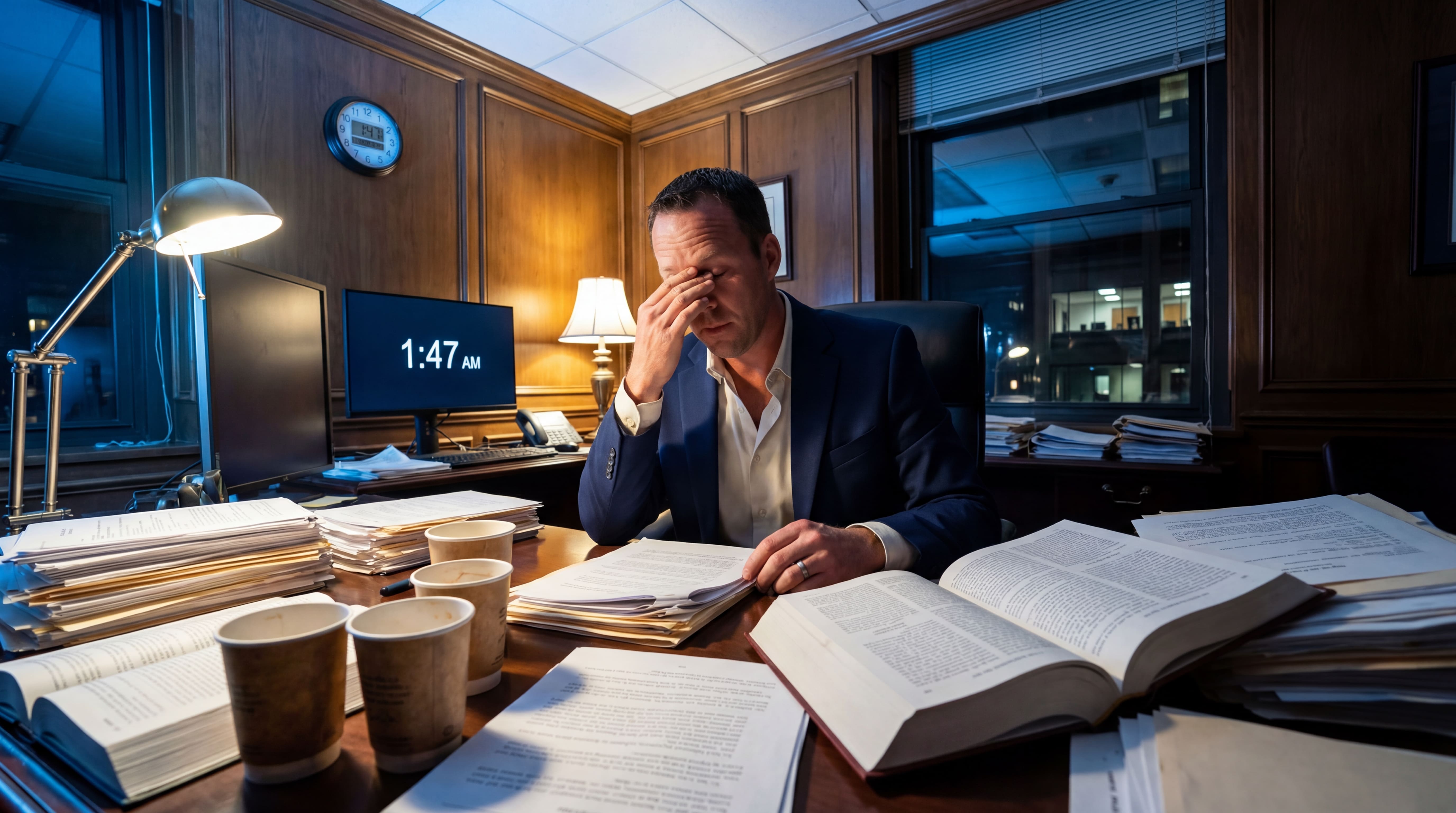 Exhausted lawyer working late at 1:47am