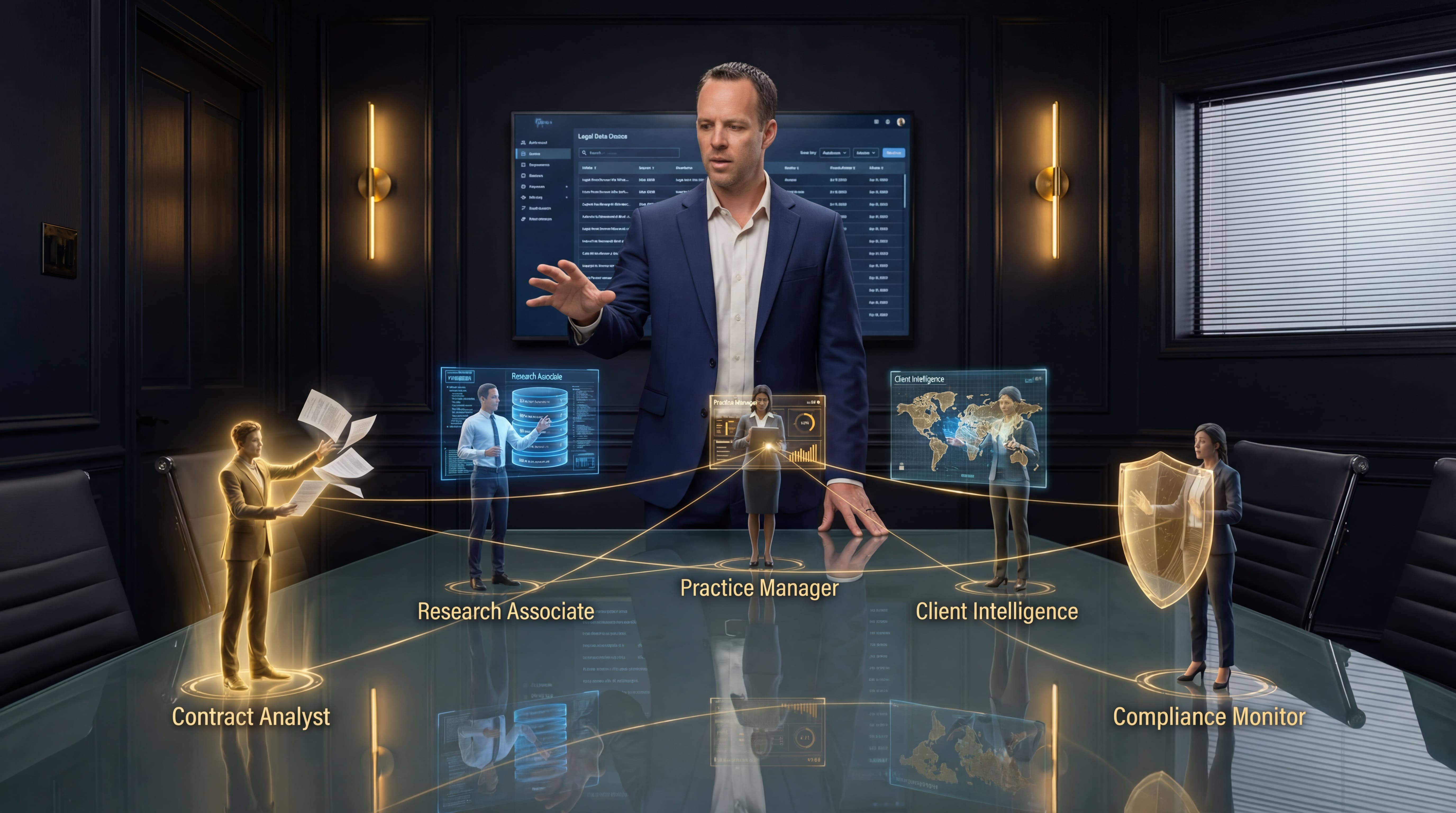 Five AI Legal Agents on boardroom table