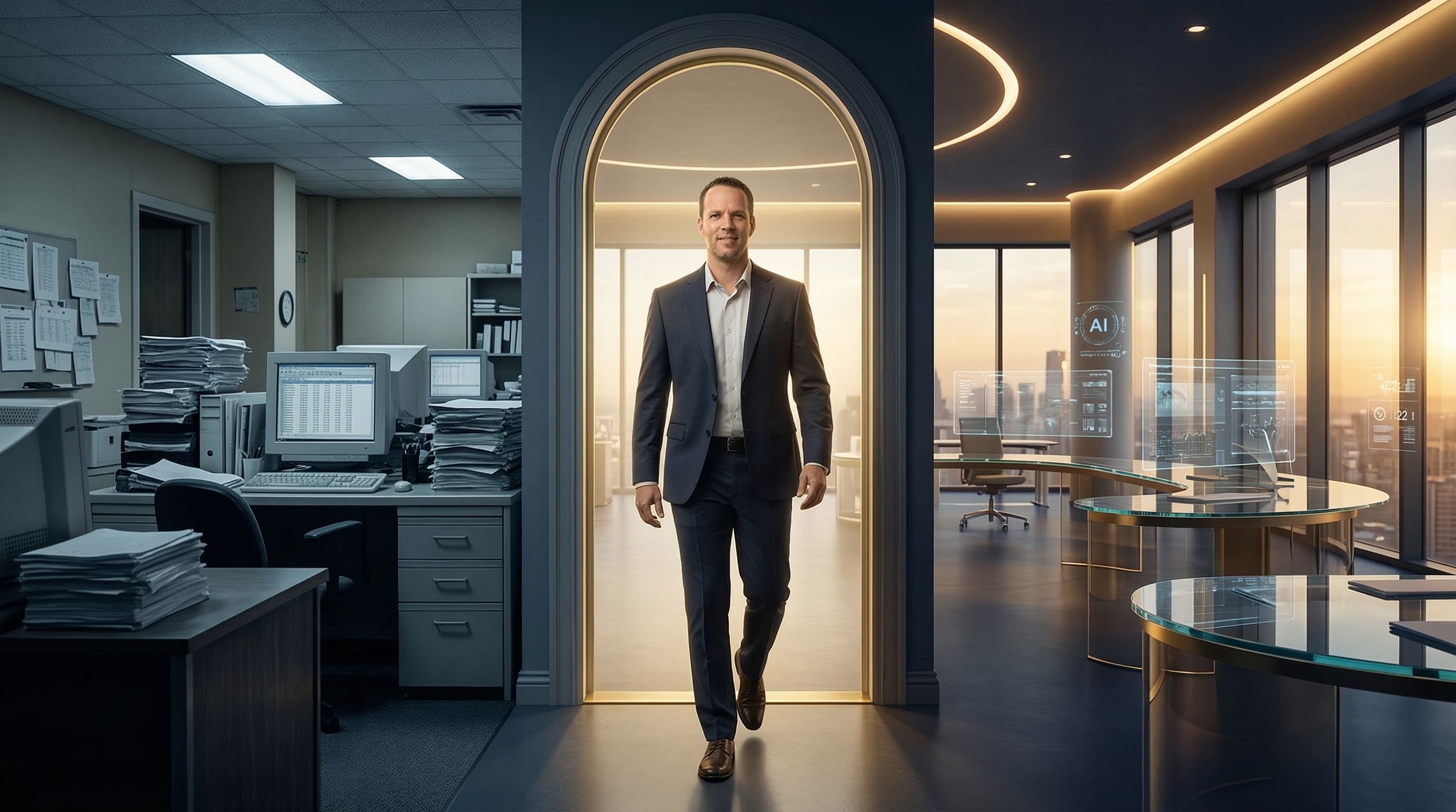 Executive stepping through a doorway from a cluttered old office into a modern AI-powered command environment